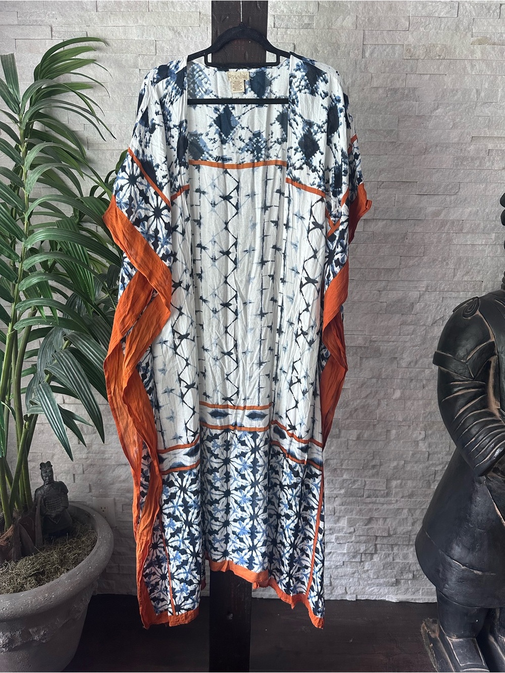 NALINI Boho Navy & White Tie-Dye Open Front Cover Duster Orange Trim One Size